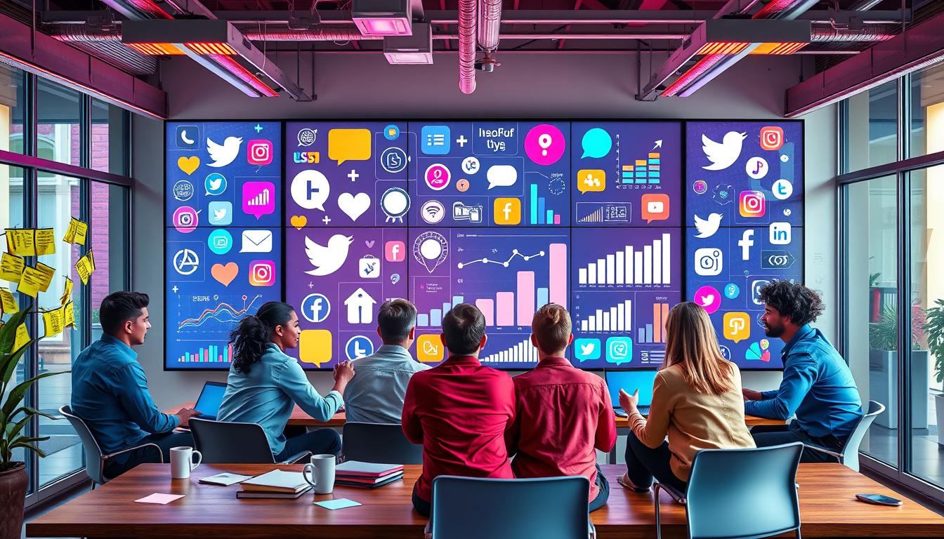 A vibrant and modern office space with a large, colorful digital screen displaying engaging social media icons and graphs, surrounded by creative professionals discussing strategies, with elements like sticky notes, laptops, and coffee cups scattered around, emphasizing collaboration and innovation in social media marketing.