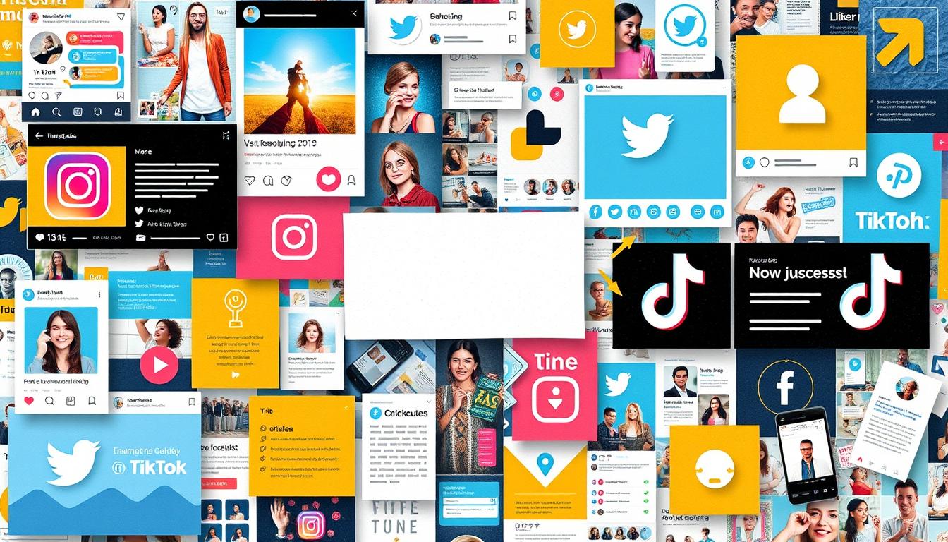 A vibrant digital collage depicting various successful social media campaigns, showcasing diverse visuals of engaging posts, eye-catching graphics, and user interactions, with elements representing different platforms like Instagram, Twitter, and TikTok, all interconnected with arrows and symbols, emphasizing creativity and innovation in marketing.