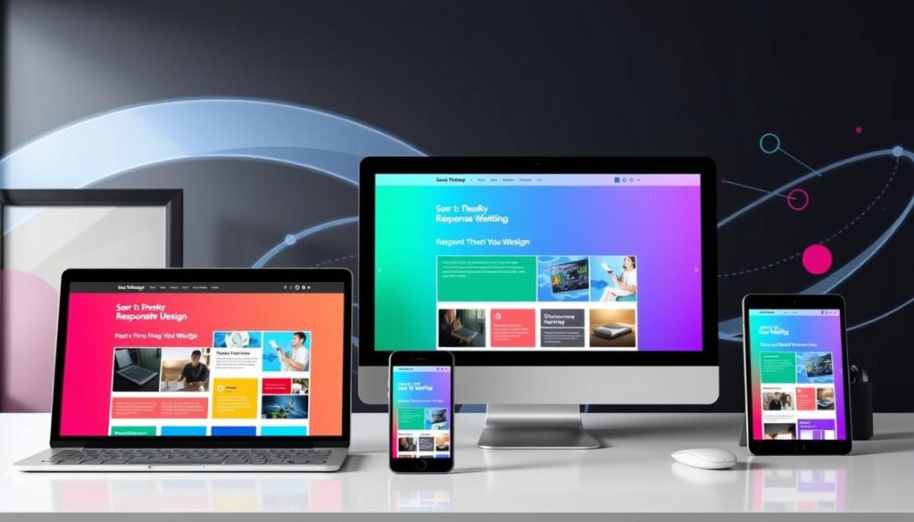 A sleek, modern workspace showcasing multiple devices displaying different versions of a responsive website design, featuring vibrant colors and user-friendly interfaces. The background includes abstract elements symbolizing technology and connectivity, with a focus on seamless transitions between desktop, tablet, and mobile screens.